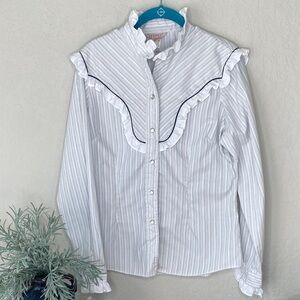 H bar C Ranchwear Cotton Stripe Ruffle Yoke Button-Front Shirt Western